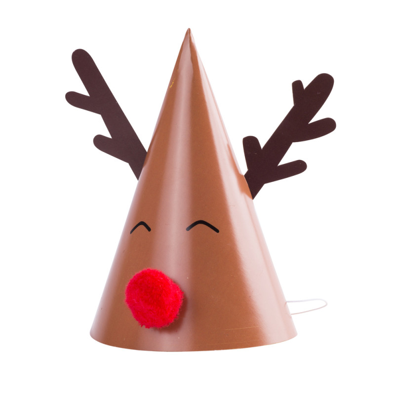 8 chapeaux Rudolph nez pompon rouge - 11x17cm