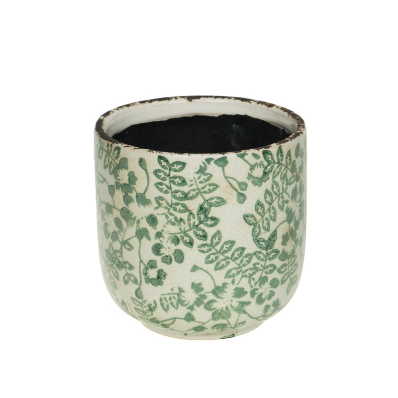 Cache-pot rond, motif fleurs vertes - H. 13,5cm