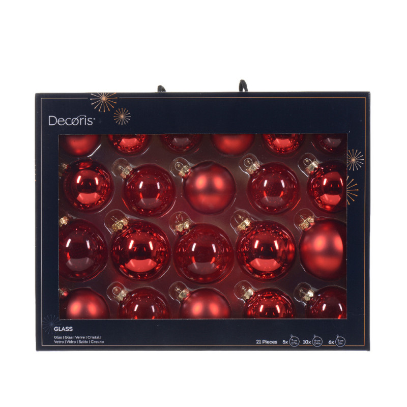 Assortiment 21 boules de Noël en verre, coloris ro