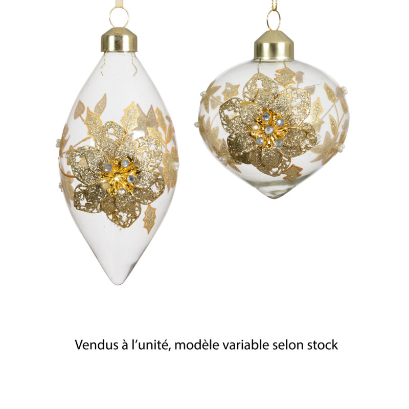 Suspension olive en verre avec fleurs -coloris dor