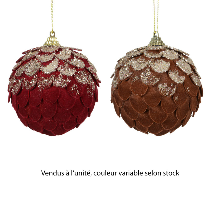 Boule de Noël : motif pomme de pin, coloris rouge/