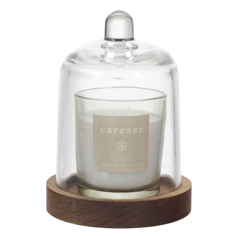 Bougie parfumée sous cloche, senteur brume des boi