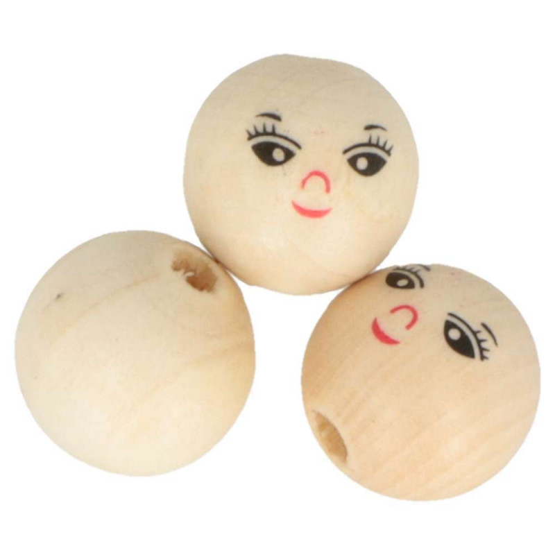 Lot de 12 perles en bois visage - D.2,2cm