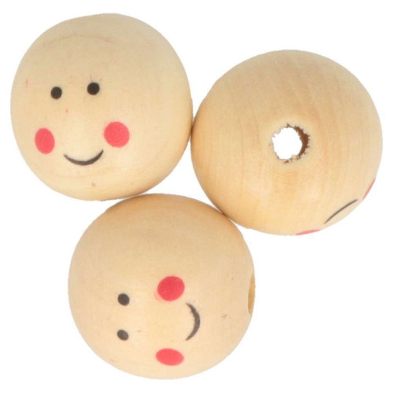 Lot de 12 perles en bois visage - D.2,5cm