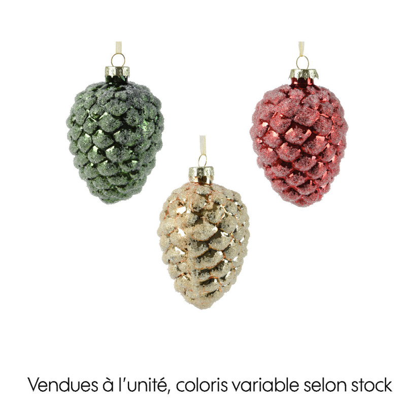 Suspension de Noël en verre : pomme de pin, colori