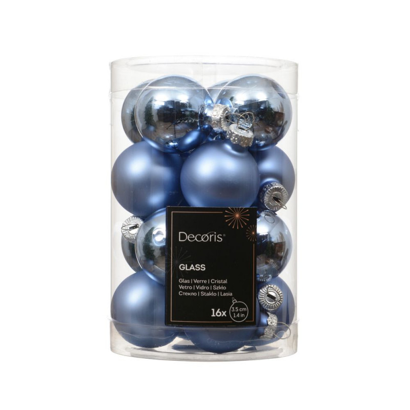 Assortiment 16 boules de Noël en verre, coloris bl