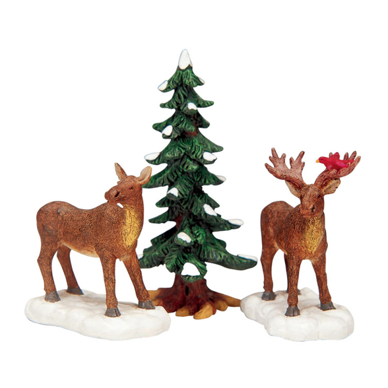 Figurines de Noël : Famille d'élan dans la forêt -